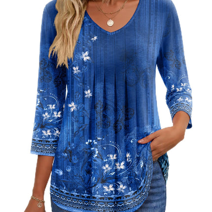 3/4 Length Sleeve Womens Tops V Neck Blouses Pleated Casual Shirts