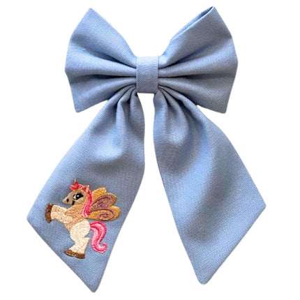 Handmade Linen Hair Bows for Girls - Embroidered Unicorn Hair Clips | Cute Big Ribbon with Alligator Grip | Boho Style for Kids & Teens | Soft Cream | Unique Gift Accessories (Unicorn)