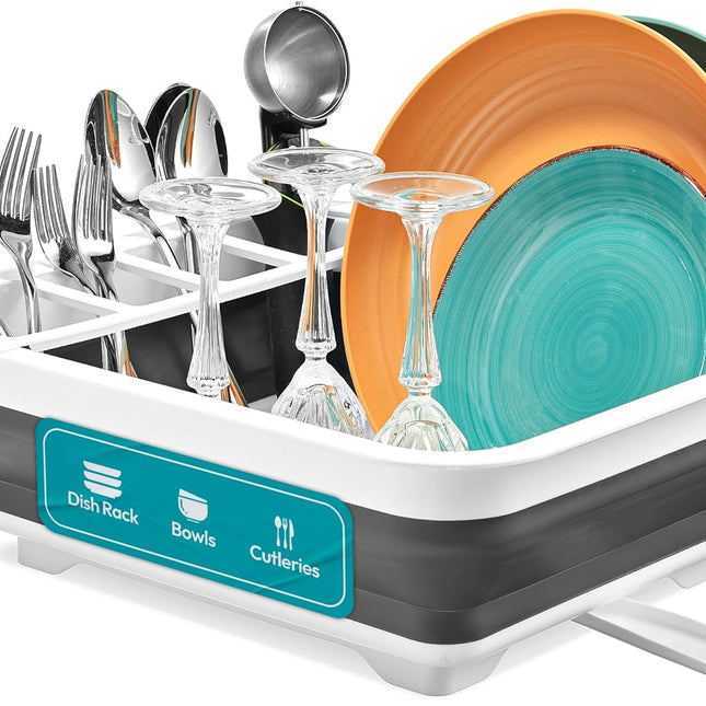 Pop-Up Collapsible Dish Drying Rack with Cutlery Compartment, Gray