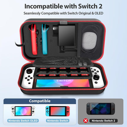 Switch Carrying Case Compatible with Nintendo & OLED, Portable Switch Travel Carry Case Fit for Joy-Con and Adapter, Hard Shell Protective OLED Pouch Bag with 20 Games, Red Wii Accessory Kits