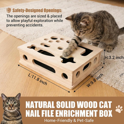 Cat Scratch Puzzle Enrichment Box, Smooth Solid Wood Cat Nail File Enrichment Box with Built-in Sandpaper, Cat Nail File Box Stress Free Alternative to Clippers & Grinders(No Bell Ball)