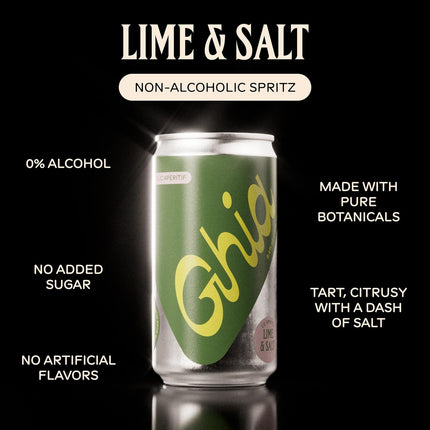 Ghia Non-Alcoholic Le Spritz | Lime + Salt 12-Pack | Canned Mocktail & Cocktail Mixer, Zero Proof Sparkling Apéritif with Soothing Herbal Extracts | No Sugar, No Artificial Flavors, Caffeine-Free