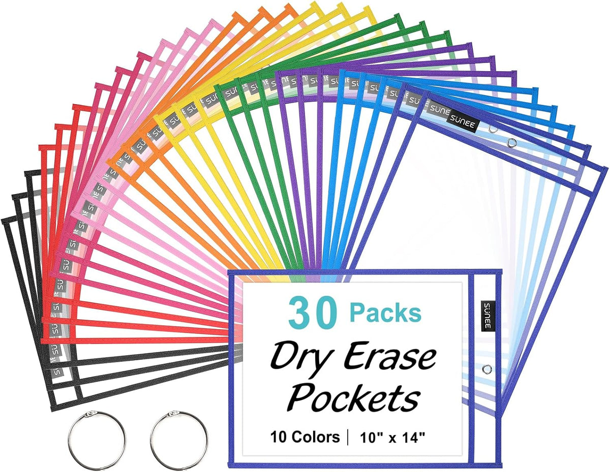 30 Packs Oversized Reusable Dry Erase Pocket Sleeves with 2 Rings, 10 Assorted Colors 10x14 Ticket Holders, Clear