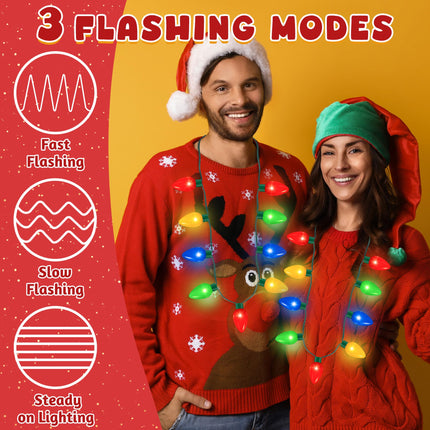 2Pack Christmas Light Necklace 9 LED Bulbs 3 Flash Modes Ugly Sweater Light