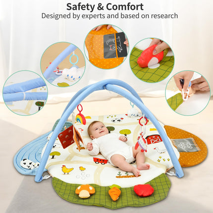 Baby Gym Play Mat, 4-in-1 Tummy Time Mat & Farm-Themed Activity Gym