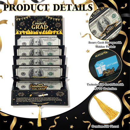 Pasimy 2026 Graduation Money Cards with Envelope for Cash Gift Graduation Money Holder Party Cash Cards for Class of 2026 College High School Grad Party Supplies Men Women Gift (Black Gold,2 Pcs)