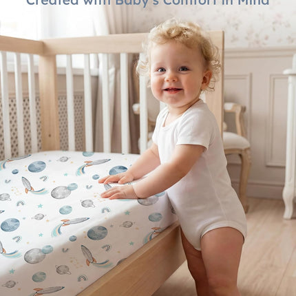 Baby Crib Sheets for Boys and Girls, Fitted Crib Sheets 52" x 28", Soft Breathable Microfiber Sheets for Standard Crib and Toddler Mattress, 2-Pack Blue Rocket