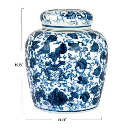 Small Decorative Ceramic Ginger Jar with Lid, Blue and White Floral Pattern
