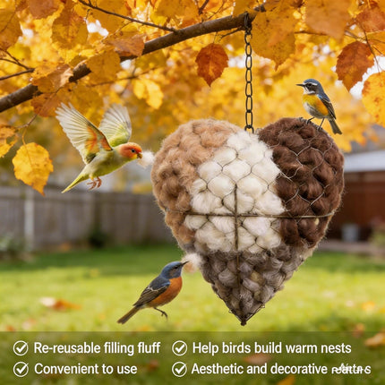 Handmade Fiber Bird Nesting Heart, Refillable Birds Haven 1 Heart Shape Hummingbird Nesting and 2 Bags of Nest Materials, Winter Fowl Gifts Animal Hummingbirds Lovers Home Garden Yard