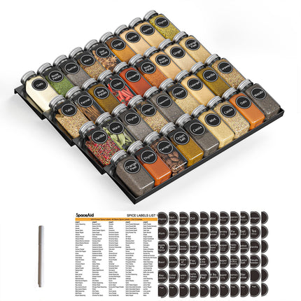 Spice Drawer Organizer with 28 Spice Jars, 386 Spice Labels, 4 Tier Seasoning Rack Tray Insert for Kitchen Drawers, 13" Wide x 17.5" Deep