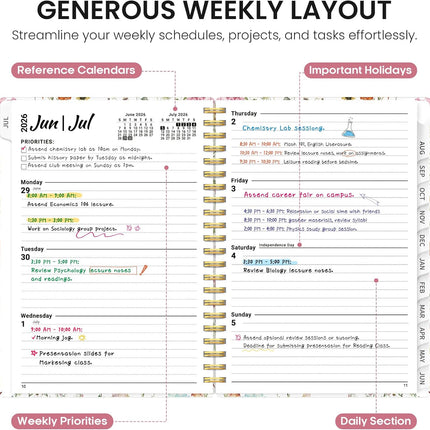Planner 2026-2027, Academic Year Monthly and Weekly Calendar Planner, Jul 2026 - Jun 2027, Hardcover Teacher Student Planning Agenda book with Tabs, Perfect for School Office Supplies, 6.3" x 8.5" - Wildflowers