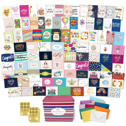 100 All Occasion Cards Assortment Box with Color Envelopes，All Occasion Cards Set with Greeting Inside, Large 5 x 7 inch Cards with Stickers and Dividers