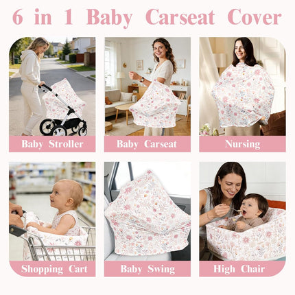 Baby Car Seat Cover for Boys Girls, Breathable Infant Carseat Canopy, Summer Lightweight Sunshade Carrier Cover for Newborn, Nursing Cover & Shopping Cart Cover, Pink Floral