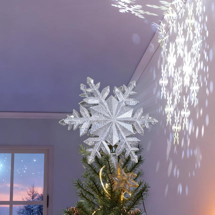 Christmas Tree Topper with Rotating Snowflake Projector, Silver
