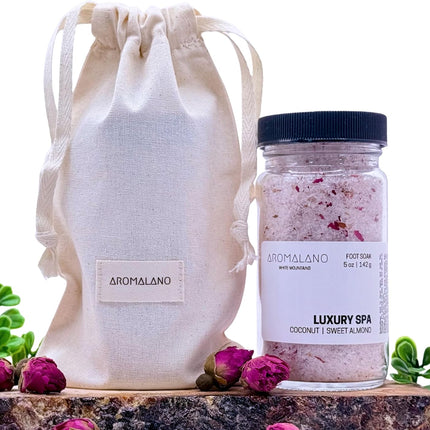 Luxury Spa Foot Soak, Coconut and Sweet Almond, Epsom and Pink Himalayan Salts with Shea Butter, Aloe, and Dried Rose Petals, 5 oz Jar