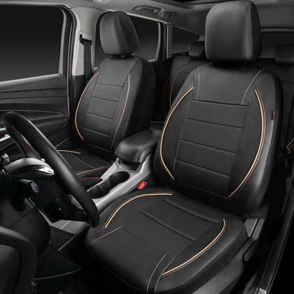 CAR PASS Universal FIT Piping Leather Car Seat Cover, for suvs,Van,Trucks,Airbag Compatible,Inside Zipper Design and Reserved Opening Holes (Full Set, Black and Beige)