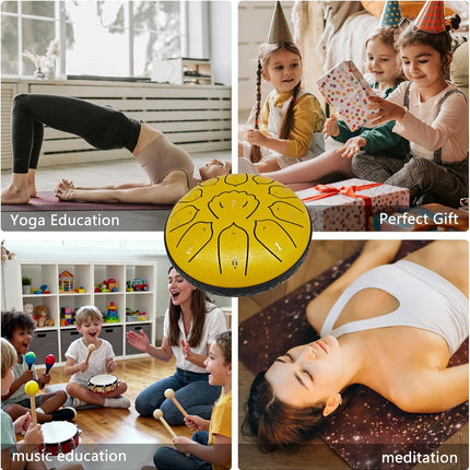 6 Inch 11 Note Hand-Tuned Steel Tongue Drum with Soothing Sound, Rain Drum for Outside & Garden, Percussion Instrument for Meditation, Yoga, Relaxation, Gift for Adults & Beginners, Sunlit Gold