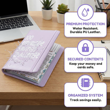 2Pcs 100 Envelopes Money Saving Challenge, Motivational Savings Challenge Binder, Durable Cash Organizer with Inspiring Quotes, Savings Challenges Book to Plan and Save $5,050(Black+blue)