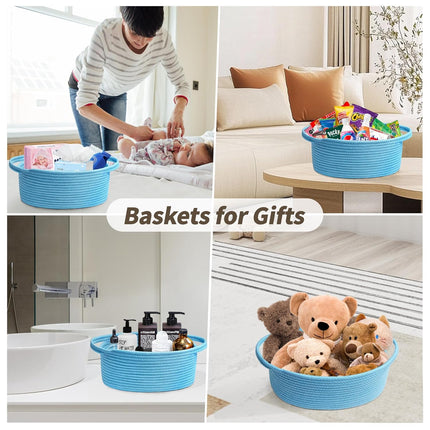 Small Woven Basket with Gift Bags and Ribbons Durable Baskets for Gifts Empty Small Rope Basket for Storage 12"X 8" X 5" Baby Toy Basket with Handles, Blue