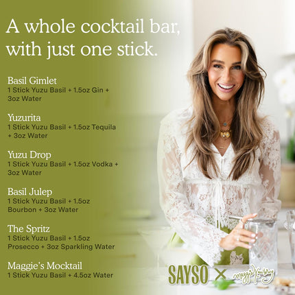 SAYSO x Maggie Awbrey Yuzu Basil Cocktail Sticks | Craft Cocktail or Mocktail in 1 Min, Just Add Water + Spirits (0g Sugar, 10 Calories, Vegan, Gluten-Free, Kosher, Non-GMO), 8 Single-Serve Mixers