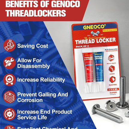 2 Pack Thread Locker Blue and Red 6mlx2 - Medium and Strong StrengthThreadlocker Metal Glue for Nuts, Bolts, Fasteners - Prevent Loosening/Corrosion (Blue and Red 6ml*2)