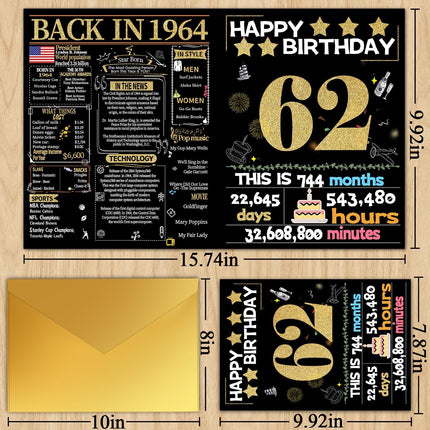 Joycard 62nd Birthday Card with Envelope, 62nd Birthday Decorations for Women Men, 62nd Birthday Gifts for Mother Dad, Happy Birthday Cards for 62 Year Old Wife Husband, Back in 1964
