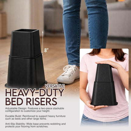 Adjustable Bed Risers 3 & 5 Inch, 4 Pack, Black — Supports up to 1,300 lbs