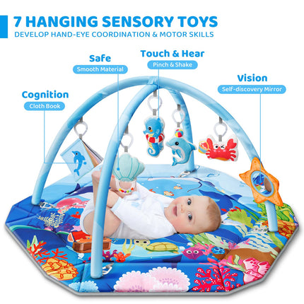 Baby Gym Play Mat, 8-in-1 Ocean Theme Tummy Time Mat & Ball Pit, Washable Baby Activity Play Mat for Visual, Hearing, Sensory, Motor Development, Baby Toys Gift for Toddler Infant 0-3-6-9-12-18 Months