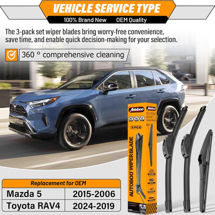 AUTOBOO 26"+16" Windshield Wipers with 12" Rear Wiper Blade Replacement for Toyota RAV4 2019 2020 2021 2022 2023 2024,Mazda 5 2015 2014 2013 2012 2011 2010-2006 -Original Factory Quality (Pack of 3)