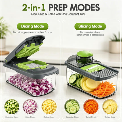 Vegetable Chopper with Container, 8-Blade Onion Chopper & Mandolin Slicer, 2-Lid Food Dicer with Safety Lock, Veggie Shredder Grater for Kitchen Meal Prep, Kitchen Gadgets (8 in 1, Gray)