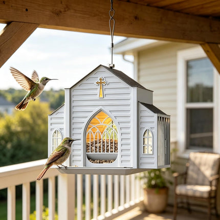 Church Shaped Bird Feeder with Solar Light Metal Hanging Outdoor Solar Bird Feeders Birds Feeding Station for Garden Yard Decor