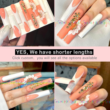 HAND-PAINTED White False Nails Set Coffin Press on Nails Pressons Kit Medium Length Stick on Nails Shoot Nail Art Short Nails with Nail Glue on Nails Square, Long Almond Nail (K1, Medium)