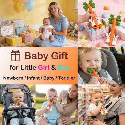 Baby Teething Toys Silicone Carrot Rabbit Hollow Teething Tubes -Sensory Chew Toys Over 3 Months - Teether Straws for Teething Relief -BPA Free Infant Toys Baby Shower Gifts Baby Essentials (1)