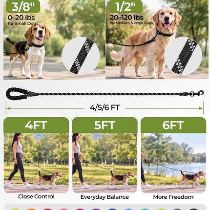 Correa de cuerda para perros medianos y grandes, 6 FT con mango acolchado, negro
