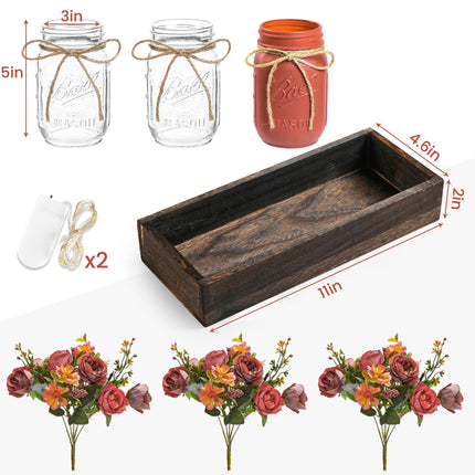 3 Pcs Mason Jar Centerpiece Table Decorations for Dining Table Decor Farmhouse Coffee Table Decor with Wood Tray and Led Light Table Centerpieces for Dining room Kitchen Living Bathroom,Orange