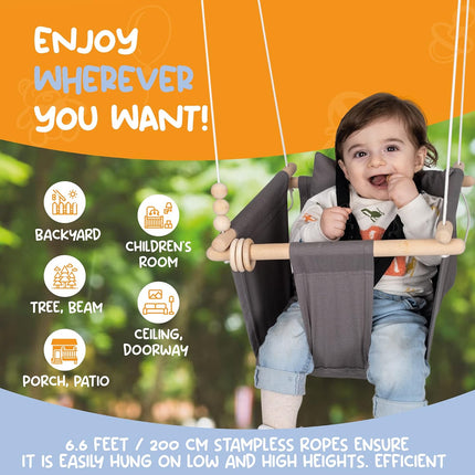 Indoor Outdoor Baby Swing with 3-Point Harness and Hardware for Ceiling, Porch, Doorway, Canvas Toddler Swing Seat Dark Gray