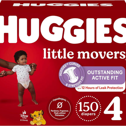 Huggies Size 4 Diapers, Little Movers Baby Diapers, Size 4 (22-37 lbs), 150 Count (6 Packs of 25), Packaging May Vary