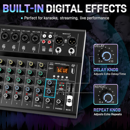 6-Channel Audio Mixer for Beginners, Easy Setup DJ Mixer with Bluetooth, USB/MP3 Sound Card, DSP Effects & 48V Phantom Power, Compact Mixing Console for Karaoke, Podcast & Streaming