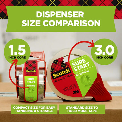 Scotch Sure Start Shipping Packaging Tape, 1.88" x 22.2 yd, Designed for Packing, Shipping and Mailing, Quiet Unwind, No Splitting or Tearing, 1.5" Core, Clear, 1 Dispensered Roll (145)
