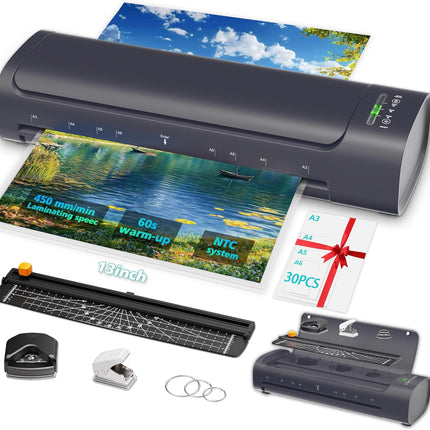 13 Inch Laminator Machine, A3 11-in-1 Hot & Cold Thermal Laminator, 60S Fast Warm-Up, 11x17 Laminating Machine for Teachers, Never-Jam Design Lamination Machine Kit for Home, Office, School -Black