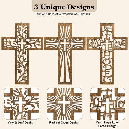 3 Pcs Wooden Cross Wall Decor, 12 Inch Wall Crosses for Christian Home