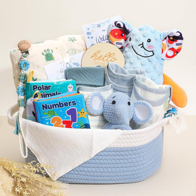 Baby Boy Gifts Basket,Newborn Baby Gifts for Boys with Blanket Onesies