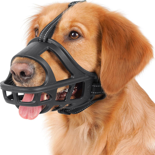 Dog Basket Muzzle for Medium & Large Dogs, Humane Cage Muzzle Prevent Biting Scavenging, Breathable Open Front Mouth Cover with Reflective Strap for Training, Walking Vet Visits (Black, L)