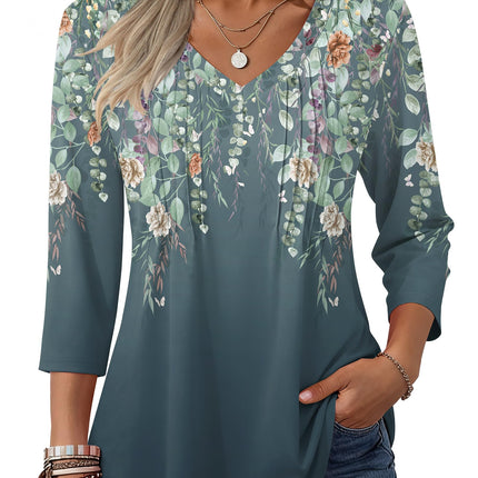3/4 Length Sleeve Womens Tops V Neck Pleated Boho Floral Blouses
