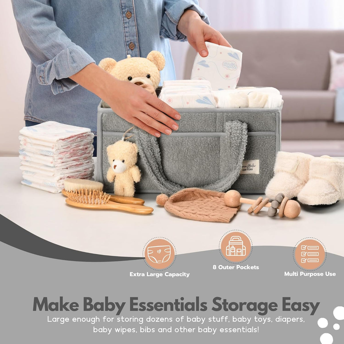 Baby Diaper Caddy Organizer with Handle, Boy & Girl Shower Gift Basket, Portable Diaper Storage Basket - photo 3