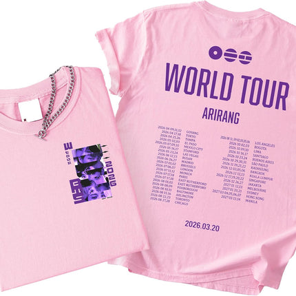 K-Pop World Tour Arirang Graphic T-Shirt – Purple Idol Portrait Tee | Seven Member Collage Front, Full Global Concert Dates Back | Korean Wave Fan Gift