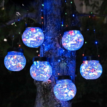 Solar Lanterns Solar Lights Outdoor Waterproof 6-Pack, Solar Powered Hanging Lights Cracked Glass Hanging Globes for Christmas Decoration, Shepherd Hook, Garden Tree Ornaments