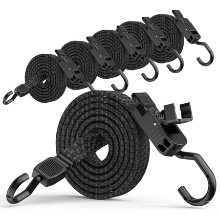 Bungee Cords with Hooks, 48 Inch Adjustable Flat Bungee Straps with Quick Release Buckle, Rubber Black Heavy Duty Elastic Cords with Metal Hooks for Bike Rack, Outdoor, Camping, Tarp, 6 Pack