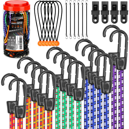 31-Piece Bungee Cords Assortment Jar, Includes 10”,18”,24”,32”,40” Bungee Cords, 6“ Zip Ties, 8”Canopy/Tarp Ball Ties and Crocodile Mouth Tarp Clips
