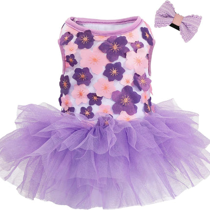 Dog Dress, Fashion Puppy Tutu Princess Dresses for Small Dogs Girl, Sweet Skirt with Dog Bowknot Clips, Spring Dog Cat Clothes Pet Apparel (Purple Floral Dress, XXX-Small)